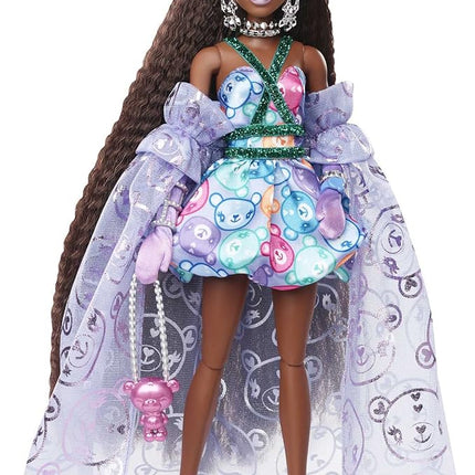 Barbie Extra Fancy Fashion Doll & Accessories Dressed in a Teddy-Print Gown with Sheer Train, Plus Teddy Bear Pet