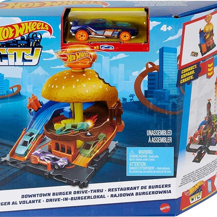 Hot Wheels City Burger Drive-Thru Playset with 1 Vehicle, Connects to Other Playsets & Tracks, Gift for Kids Ages 4 to 8 Years Old