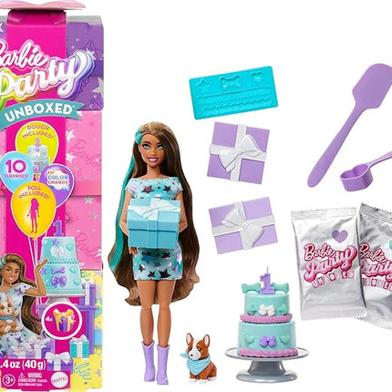 Barbie Party Unboxed Doll & Accessories, Pet Birthday Series Party Stars Set with 10 Surprises Including Color Change & Cake-Decorating Activity