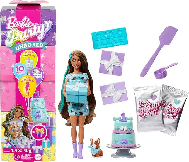 Barbie Party Unboxed Doll & Accessories, Pet Birthday Series Party Stars Set with 10 Surprises Including Color Change & Cake-Decorating Activity