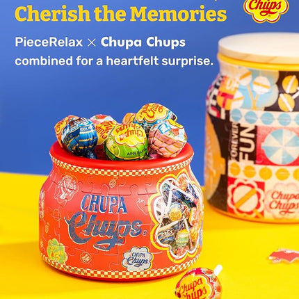 Chupa Chups X PieceRelax 3D Puzzle Jar 64 Plastic Pieces for Adults - Timeless Memories - Pop Energy S Wooden Lid Container for Kitchen Dining Study Living Room No Glue Requied Small [BC1023]