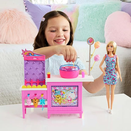 Barbie Mysteries: Beach Detectives Malibu” Doll & Cotton Candy Game Booth Playset with 20 Accessories Including Prizes