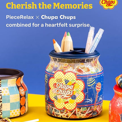 Chupa Chups X PieceRelax 3D Puzzle Jar 96 Plastic Pieces for Adults - Timeless Memories - Pop Energy M Use Includes Divider as Pen and Utensils Holder with Wooden Lid for Kitchen Dining Study [BB1043]