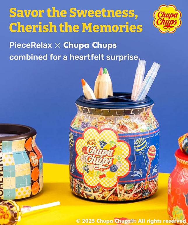 Chupa Chups X PieceRelax 3D Puzzle Jar 96 Plastic Pieces for Adults - Timeless Memories - Pop Energy M Use Includes Divider as Pen and Utensils Holder with Wooden Lid for Kitchen Dining Study [BB1043]