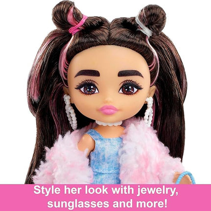 Barbie Extra Minis Doll & Accessories with Brunette Hair & Brown Eyes, Wearing a Pink Faux Fur Coat & Purse, 5.5-inch