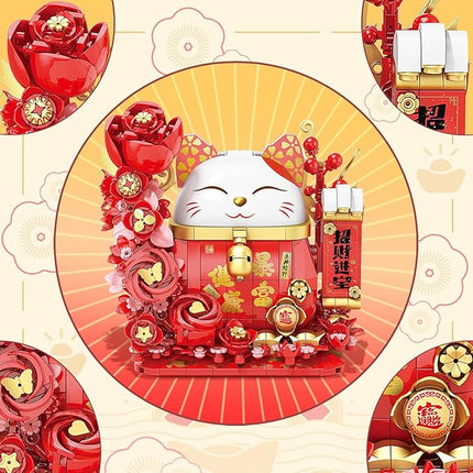 Lucky Cat Building Block Set, Compatible with Lego Cat, 868Pcs Cute Fortune Cat with Flowers Building Blocks, Christmas Birthday Creative Gift for Girls Boys Adult (Red Cat)