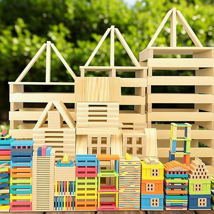 42pcs Large Open Ended Wooden Building Blocks for Kids 19.8 lb, Natural Pine Rectangular Wood Building Toys，Construction Toys for Toddlers, STEM Building Set,Birthday Gift for Ages 3-12 (Medium 9.8")