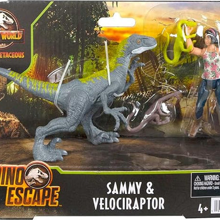 Mattel Jurassic World Camp Cretaceous Human & Dino Action Figure Pack with Sammy & Velociraptor Figures, Plus 2 Compys Smaller Dinosaurs, Collectible Toy Set