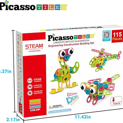 PicassoTiles 115 Piece Building Blocks Set Kids STEM Toy Construction Engineering Sensory Toys Kit Block Children Early Education Playset with FREE IdeaBook, Clickable Ratchet Age 3+ Boys Girls PTN115