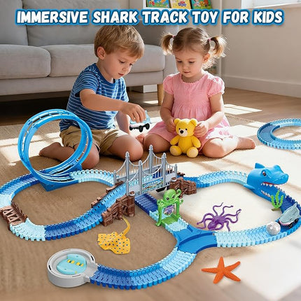 VATOS Shark Track Toys - 219 Pcs Flexible Race Track Set with 360° Loops, Electric Shark Car & Auto-Rotating, Create a Shark Theme Road Race, STEM Toy Birthday for Boys Girls Ages 3-8