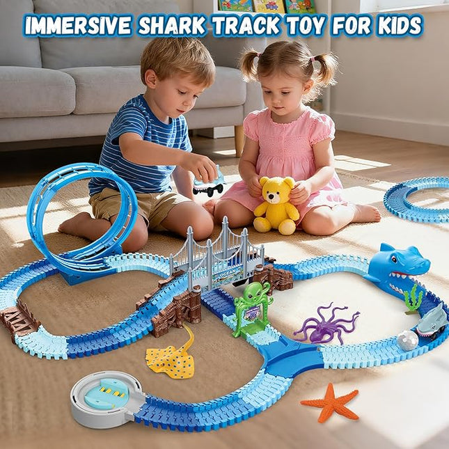 VATOS Shark Track Toys - 219 Pcs Flexible Race Track Set with 360° Loops, Electric Shark Car & Auto-Rotating, Create a Shark Theme Road Race, STEM Toy Birthday for Boys Girls Ages 3-8