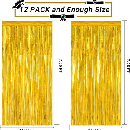 12 Pack 2025 Graduation Decorations, 3.28 FT x 7.05 FT Gold Backdrop Curtains, Metallic Class of 2025 Backdrop Fringe Curtains Foil Streamer, Gold Grad Decorations 2025 Party Supplies