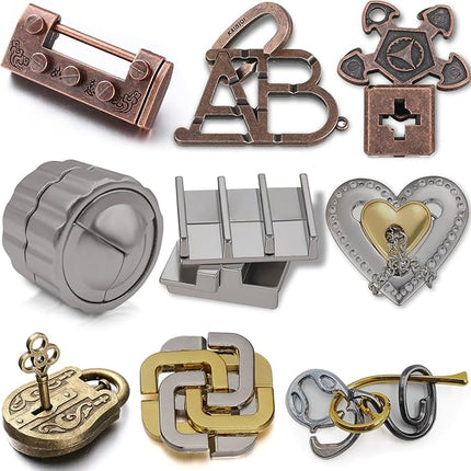 Wettarn 9 Pcs Metal Brain Teaser Puzzles Teaser 3D Steel Puzzle for Adults Unlock Interlocking Games IQ Education Smart Logic Test Toys for Adults Mind Challenge(Novelty Style)