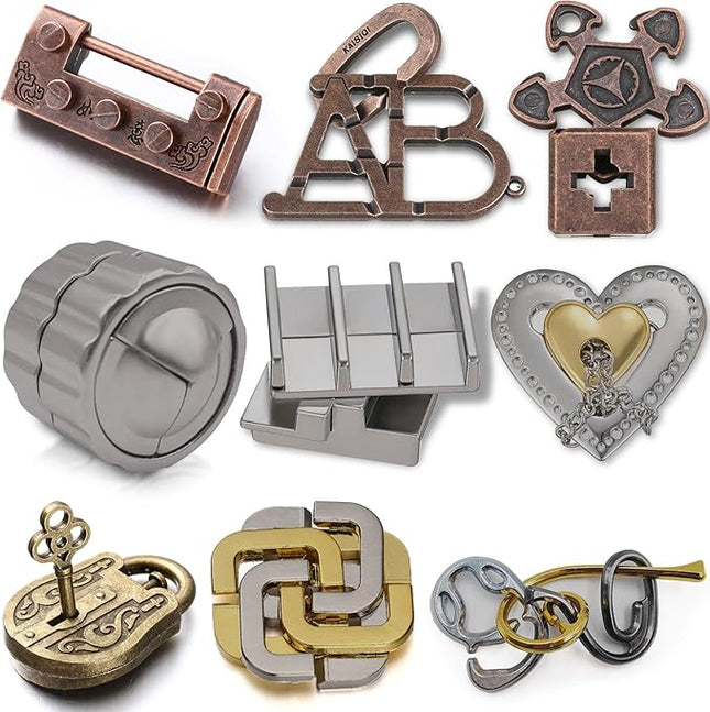 Wettarn 9 Pcs Metal Brain Teaser Puzzles Teaser 3D Steel Puzzle for Adults Unlock Interlocking Games IQ Education Smart Logic Test Toys for Adults Mind Challenge(Novelty Style)