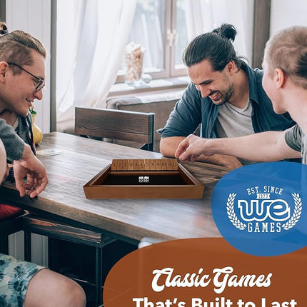 WE Games Wooden Shut The Box - Close The Box Set with 12 Number Tiles & 2 Dice Games - 13.5” Walnut Stained Finish
