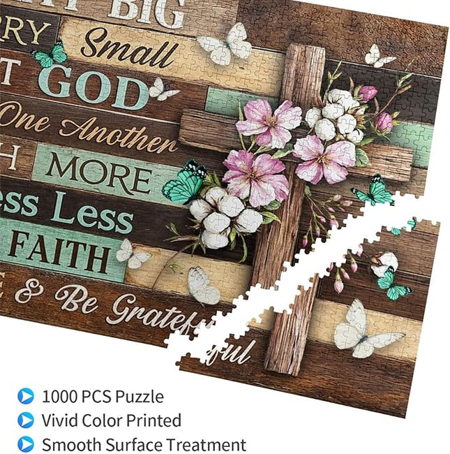 Christian Jigsaw Puzzles 1000 Pieces for Adults, Elegant Cross with Pray Big Worry Small Trust God Quote, Religious Wooden Puzzle, Faith-Based Home Decor & Uplifting Gift