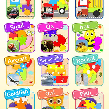 Yetonamr Wooden Toddler Puzzles Gifts Toys for Boys Girls, 12 Vehicle Shape Montessori Toy Educational Blocks Kids Toys Gift Baby Learning Toy