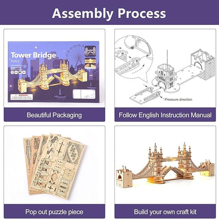 ROBOTIME 3D Puzzle Wooden Craft Kits with LED Light DIY Tower Bridge Construction Model Kit to Build for Teens Brain Teaser Puzzle Home Decor Birthday Gifts