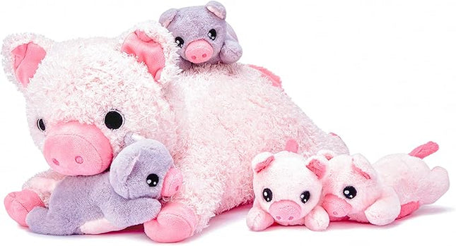 IKASA Mommy Pig Stuffed Animal Mom and Baby Plush Toy,Cute 16" Soft Small Fluffy Mama Family Set Toys with Little Mini Babies,Gifts for Kid