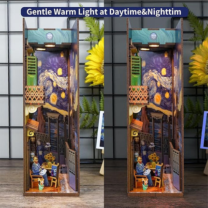 Tonecheer DIY Book Nook Kit for Adults,3D Wooden Puzzle Bookend Bookshelf Insert Library Decor, Booknook Miniature House Kit with Body Motion Sensor LED Light (Vincent's World)