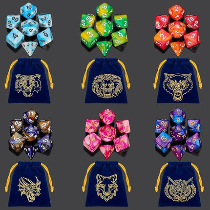 DND Dice Set - QMay 42pcs Polyhedral Dice, 6 Complete Double-Colors D&D Dice Sets with 6 Blue Drawstring Bags for Dungeons and Dragons RPG MTG Table Games