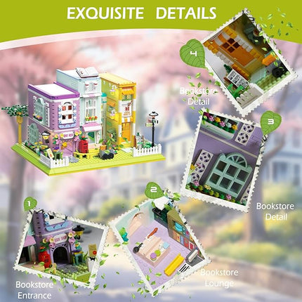 Mini Cafe-Bookshop Building-Blocks Set- City Town Coffee Bookstore House Modular Building Book Nook Model Construction Building Blocks Bookend Collection Set 1699 PCS for Adults