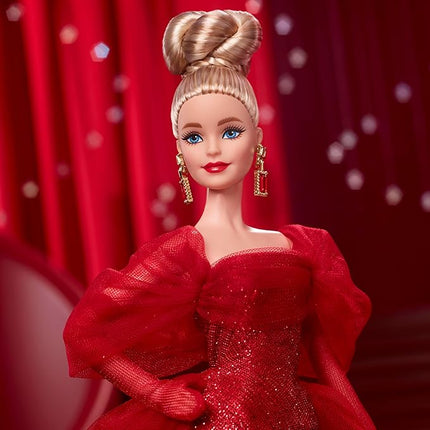 Barbie Signature Doll, Mattel 80th Anniversary Collectible in Glittery Red Tulle Gown with Drop Earrings and Sheer Gloves, Blonde Hair