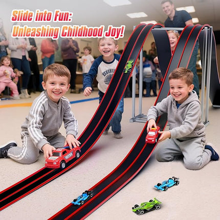 Flex Track 15 Ft Portable Flexible Race Car Track with Strong Suction Cups – Compatible with Hot Wheels & 1/64 Diecast Cars–Easy Storage, Indoor & Outdoor Play Flexible Car Tracks for Kids（Red-Black）