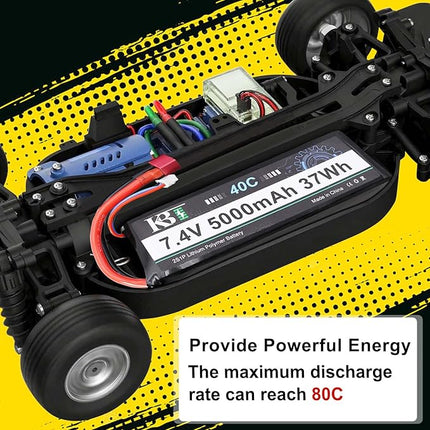 KBT 2S 7.4V LiPo High Discharge Rate Battery 40C(Burst 80C) 5000mAh Rechargeable Soft Pack Lithium Polymer Battery with T Plug for RC Car Boat Trucks 1/8 1/10 Racing Buggy