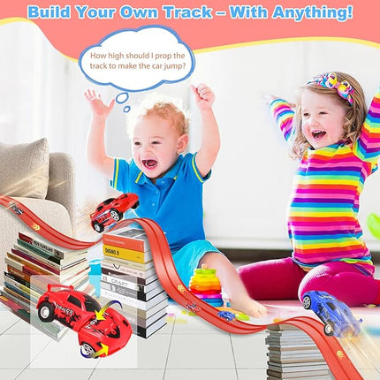 20 Ft Flexible Race Track Toys, Anti Gravity Car Track Set, Flex Race Car Ramp Track with Suction Cups - Rolls Up Portable DIY Race Track with 4 Racing Cars- Kids Race Car Track Toy (red)