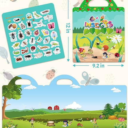 Benresive Reusable Sticker Book for Toddlers 2-4 Years, Fun Travel Stickers for Kids, Waterproof Sticker Books for Toddlers 1-3, Crafts Activities for Todddlers 1-3 2-4 3-5 - Insect