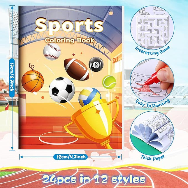 BenLouis 24 Pcs Sports Mini Coloring Books Kids Football Basketball Soccer Baseball Party Favors Small Activity Books Bulk for Kids Sports Birthday Goodie Bags Stuffers Return Gifts Classroom Travel