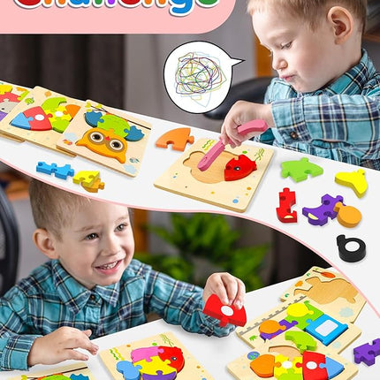 Yetonamr Wooden Toddler Puzzles Gifts Toys for Boys Girls, 12 Vehicle Shape Montessori Toy Educational Blocks Kids Toys Gift Baby Learning Toy