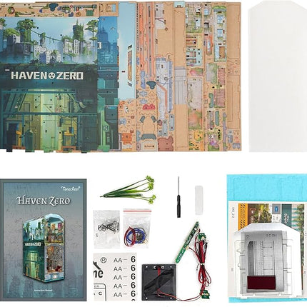 Tonecheer DIY Book Nook Kit for Adults, Wooden 3D Puzzle Bookend Diorama Bookshelf Insert Decor Fancy Books, Booknook Miniature House Kit with Dust Cover and Sensor LED (Haven Zero)