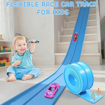 Flexible Race Car Ramp Track for Kids Toy 4 Small Race Cars and 8 Suction Cups Compatible with Hot Wheels and Diecast 1/64th Cars, Rolls Up Portable Racetrack for Ages 3 & Up (Light Blue)