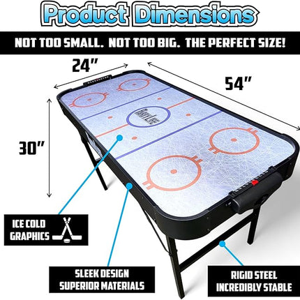 PartyLife 54" Air Hockey Table w/Folding Steel Legs & Optional LED Lights - Powerful Motor, Smooth Surface, Very Sturdy - Perfect for Kids and Adults, Game Rooms & Home Arcade!