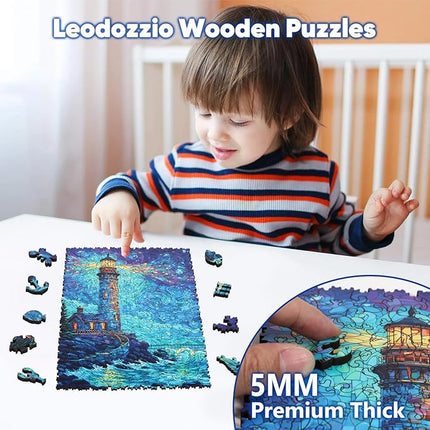 Leodozzio Wooden Puzzles for Adults, Lighthouse Jigsaw Puzzles 500 Pieces-5MM Thickness, 12.2x16.1 Inch, Unique Shaped Wooden Puzzle, Birthday Gift Family Game