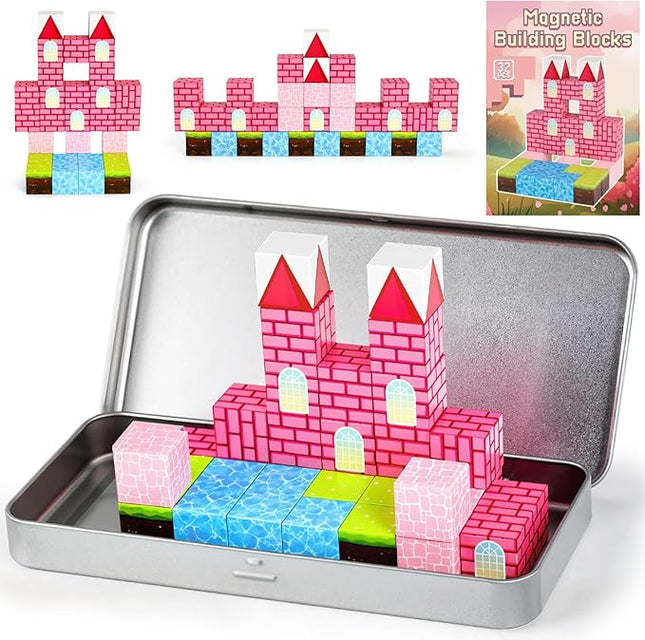 3 otters 32PCS Magnetic Blocks, Toddler Travel Toys Castle Magnetic Building Cubes STEM Learning Toys for Kids Gifts for Girls 3 4 5 6 7 8