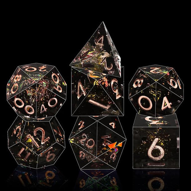 AUSTOR 7-Die DND Dice Set Handmade Sharp Edge Polyhedral Dice for Dungeons and Dragons D&D RPG MTG Table Games (Black & Red, Copper)