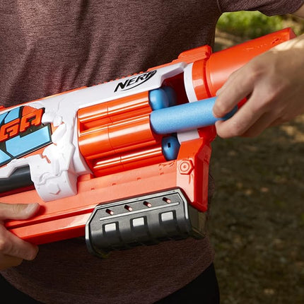 Nerf Mega XL Boom Dozer Blaster, Largest Mega Darts Ever, XL 6-Dart Rotating Drum, 6 Mega XL Whistler Darts, Pump Action,Standard Packaging
