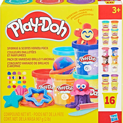 Play-Doh Sparkle and Scents Variety Pack of 16 Cans of Modeling Compound and 4 Tools, Arts and Crafts Toy for Kids 3 and Up, Non-Toxic