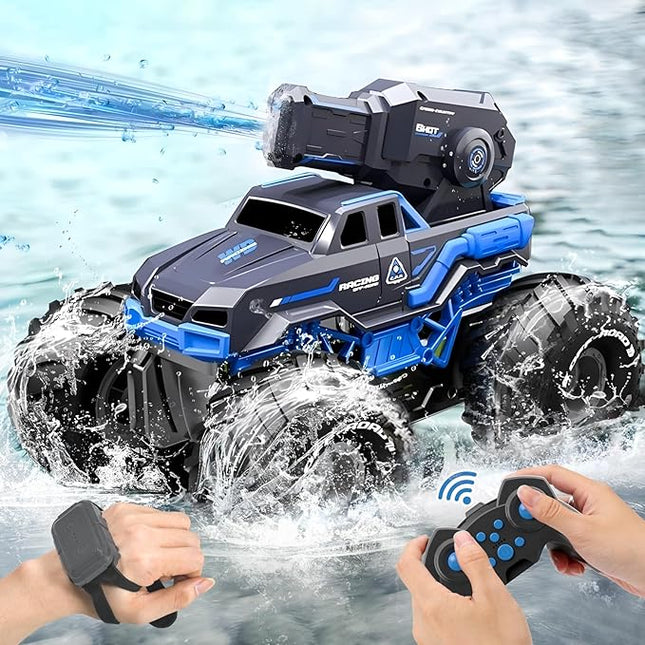 Amphibious Remote Control Car Boat Water Squirt RC Tank 2.4GHz Gesture Sensor 4WD Monster Truck Waterproof RC Car for 6 7 8 9-12 Kids Girls Boys Gift Beach Pool Water Toy With 2 Replaceable Batteries