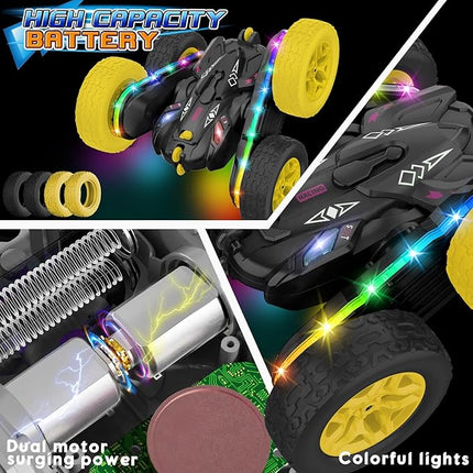 Remote Control Car,RC Cars with Sides Light Strip and Headlights,Double Sided 360 Flips Rotating RC Stunt Car,2.4Ghz All Terrain Toys for Ages 4-8 Kids Toy for Boys Birthday Gift(Black)