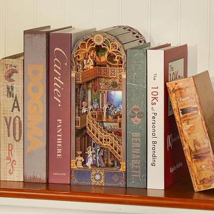 Tonecheer DIY Book Nook Kit for Adults, 3D Wooden Puzzle Bookend Miniature House Kit, Booknook Bookshelf Insert Decor with Dust Cover and LED Lights Gifts (Spacetime Museum)