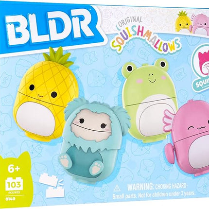 BLDR Squishmallows Buildable Figure Multipack - Maui the Pineapple, Joelle the Bigfoot, Wendy the Frog, Archie the Axolotl - Squishmallows Fans 8+, 0140