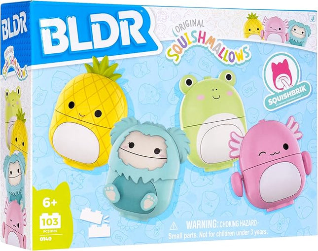 BLDR Squishmallows Buildable Figure Multipack - Maui the Pineapple, Joelle the Bigfoot, Wendy the Frog, Archie the Axolotl - Squishmallows Fans 8+, 0140