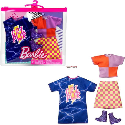 Barbie Fashions 2-Pack Clothing Set, 2 Outfits Doll Include Color-Blocked Shirt with Checkered Skirt, “GRL PWR” Dress & 2 Accessories