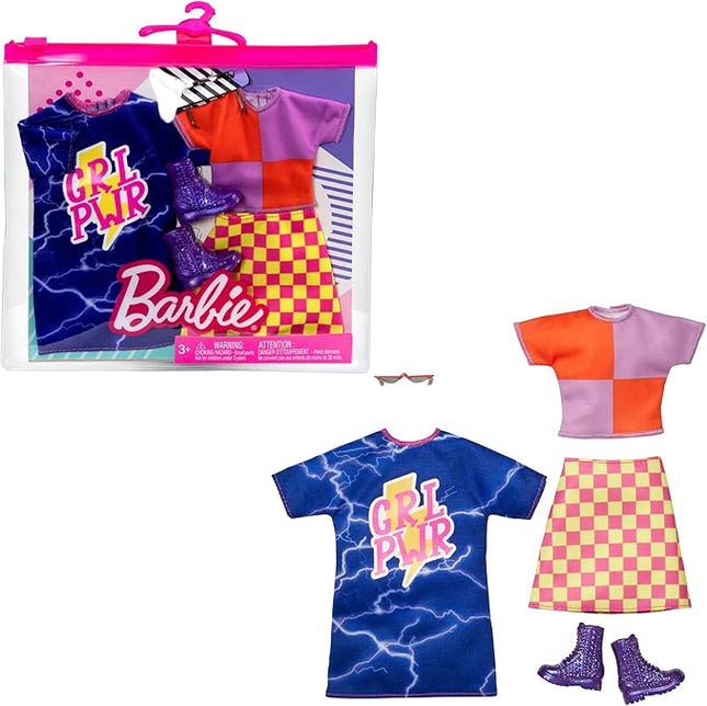 Barbie Fashions 2-Pack Clothing Set, 2 Outfits Doll Include Color-Blocked Shirt with Checkered Skirt, “GRL PWR” Dress & 2 Accessories