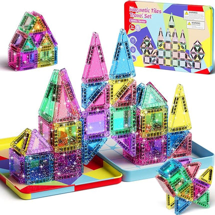 Travel Mini Magnetic Tiles Glitter Construction Set 42Pcs，Magnetic Building Blocks Stem Gift Travel Toys for Kids for Boys and Girls Ages 3+