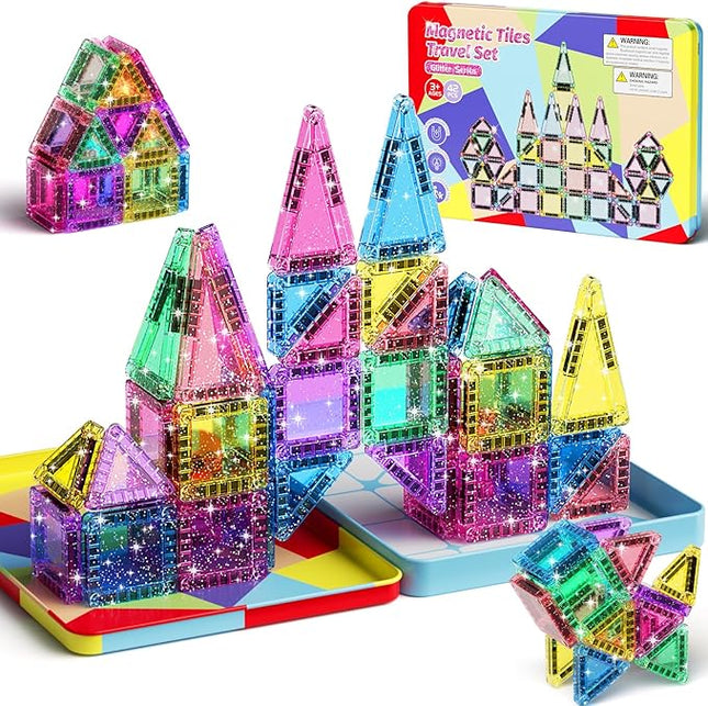 Travel Mini Magnetic Tiles Glitter Construction Set 42Pcs，Magnetic Building Blocks Stem Gift Travel Toys for Kids for Boys and Girls Ages 3+